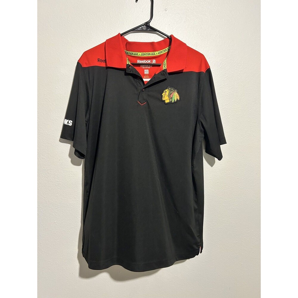NHL Chicago Blackhawks Polo Shirt Men’s  Large Black Red Reebok Center Ice